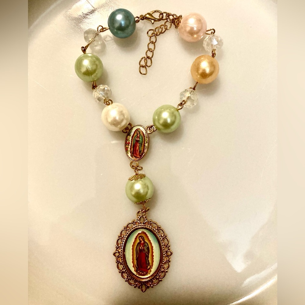 Bracelet Rosary Gold Tone - Multi Colored Beads Clear Crystals Catholic NWOT
